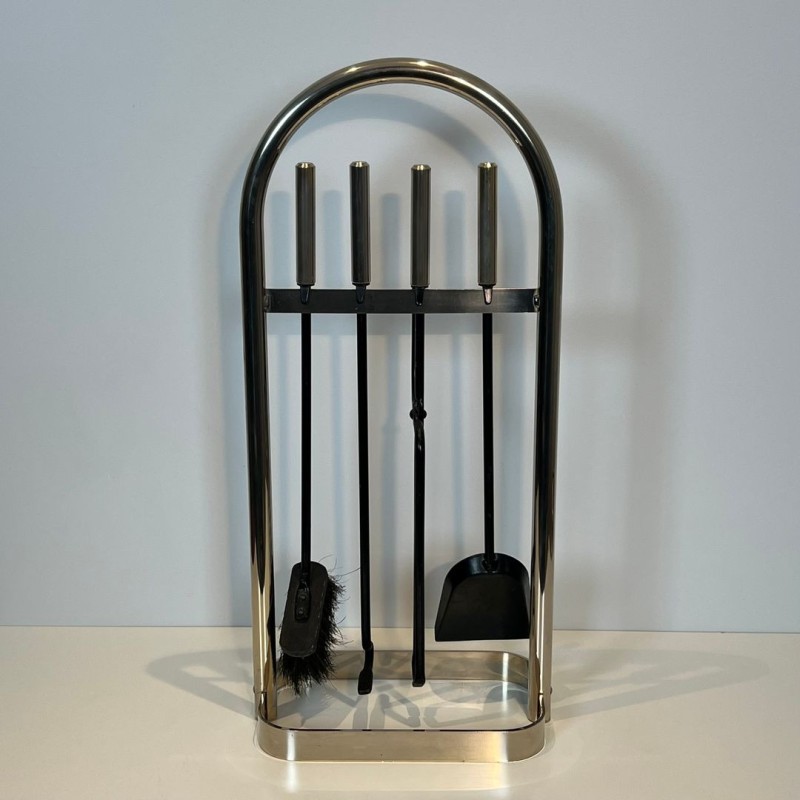 Nécessaire de Cheminée Moderniste en Métal Laqué Noir et Chrome, Cadre Arqué, vers 1970