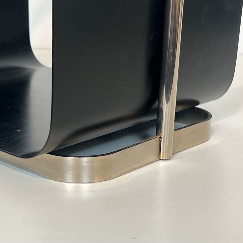 Modernist Black Lacquered Metal and Chrome Log Holder with Arch Handle, French circa 1970