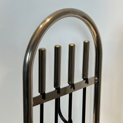 Nécessaire de Cheminée Moderniste en Métal Laqué Noir et Chrome, Cadre Arqué, vers 1970