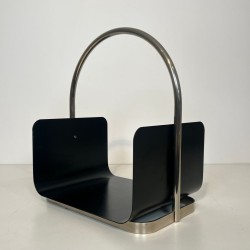 Porte-Bûches Moderniste en Métal Laqué Noir et Chrome à Anse Arquée, vers 1970