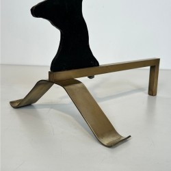 Paire de Chenets en Acier Laqué Noir et Laiton à Tête de Cerf, vers 1970