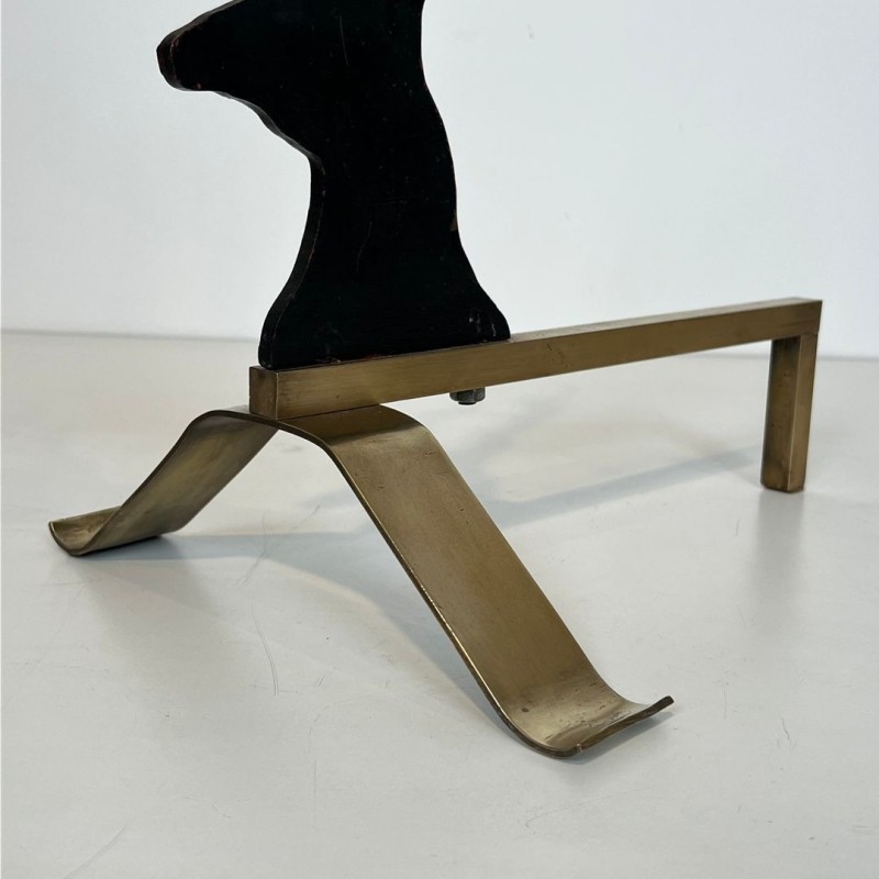 Pair of Black Lacquered Steel and Brass Stag Head Andirons, French circa 1970