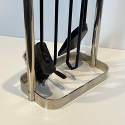 Nécessaire de Cheminée Moderniste en Métal Laqué Noir et Chrome, Cadre Arqué, vers 1970