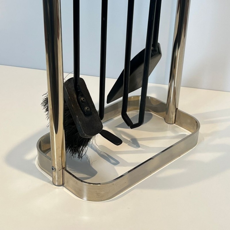 Modernist Black Lacquered and Chrome Fireplace Companion Set in Arch-Frame Stand, French circa 1970