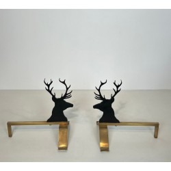 Pair of Black Lacquered Steel and Brass Stag Head Andirons, French circa 1970