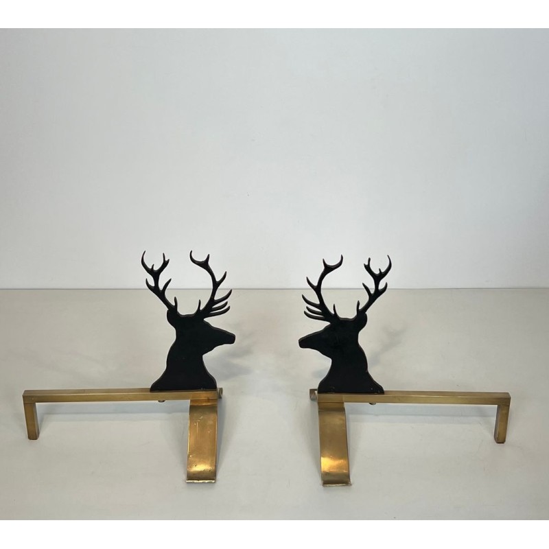 Paire de Chenets en Acier Laqué Noir et Laiton à Tête de Cerf, vers 1970