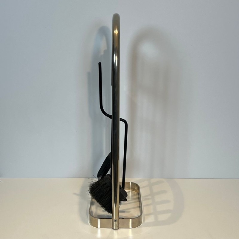 Nécessaire de Cheminée Moderniste en Métal Laqué Noir et Chrome, Cadre Arqué, vers 1970