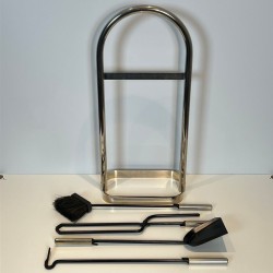 Nécessaire de Cheminée Moderniste en Métal Laqué Noir et Chrome, Cadre Arqué, vers 1970