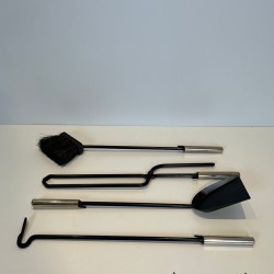 Modernist Black Lacquered and Chrome Fireplace Companion Set in Arch-Frame Stand, French circa 1970