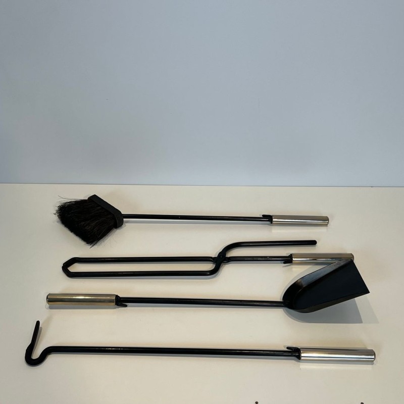 Modernist Black Lacquered and Chrome Fireplace Companion Set in Arch-Frame Stand, French circa 1970