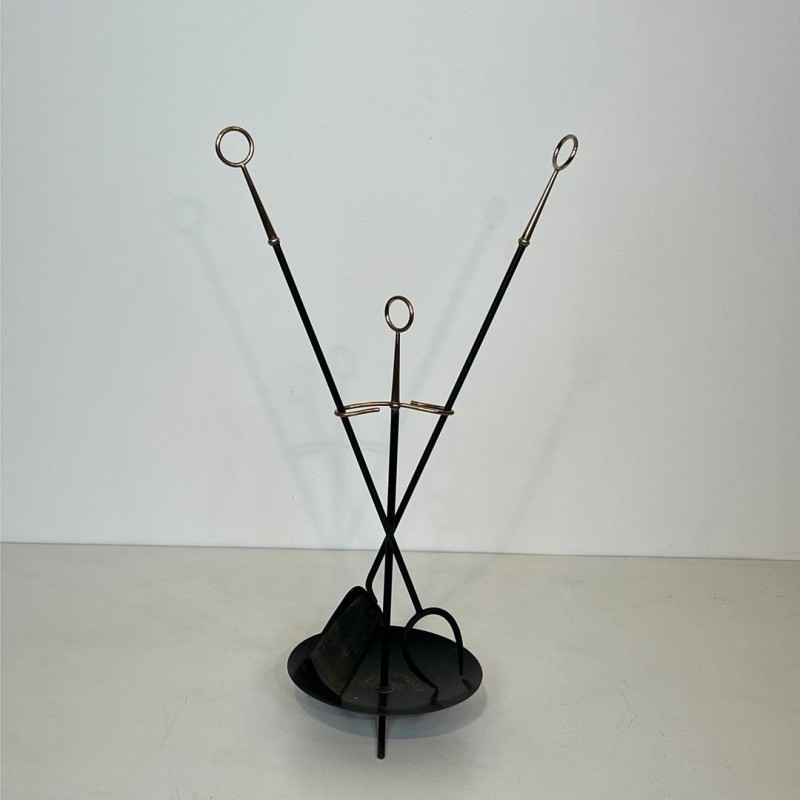 Nécessaire de Cheminée Moderniste en Métal Laqué Noir à Outils Rayonnants, vers 1970