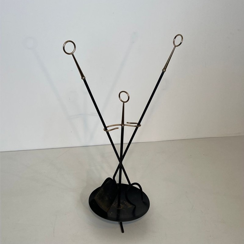 Modernist Black Lacquered Metal Fireplace Companion Set with Fan-Spread Tools, French circa 1970