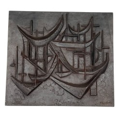 Modernist Cast Iron Fireback “Les Voiliers” (Sailboats), Signed Menemus, Foundry Stern, circa 1970