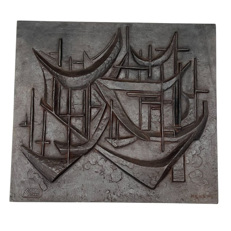 Plaque de Cheminée en Fonte « Les Voiliers », Signée Menemus, Fonderie Stern, vers 1970