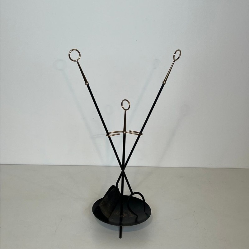 Modernist Black Lacquered Metal Fireplace Companion Set with Fan-Spread Tools, French circa 1970