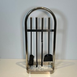 Modernist Black Lacquered and Chrome Fireplace Companion Set in Arch-Frame Stand, French circa 1970