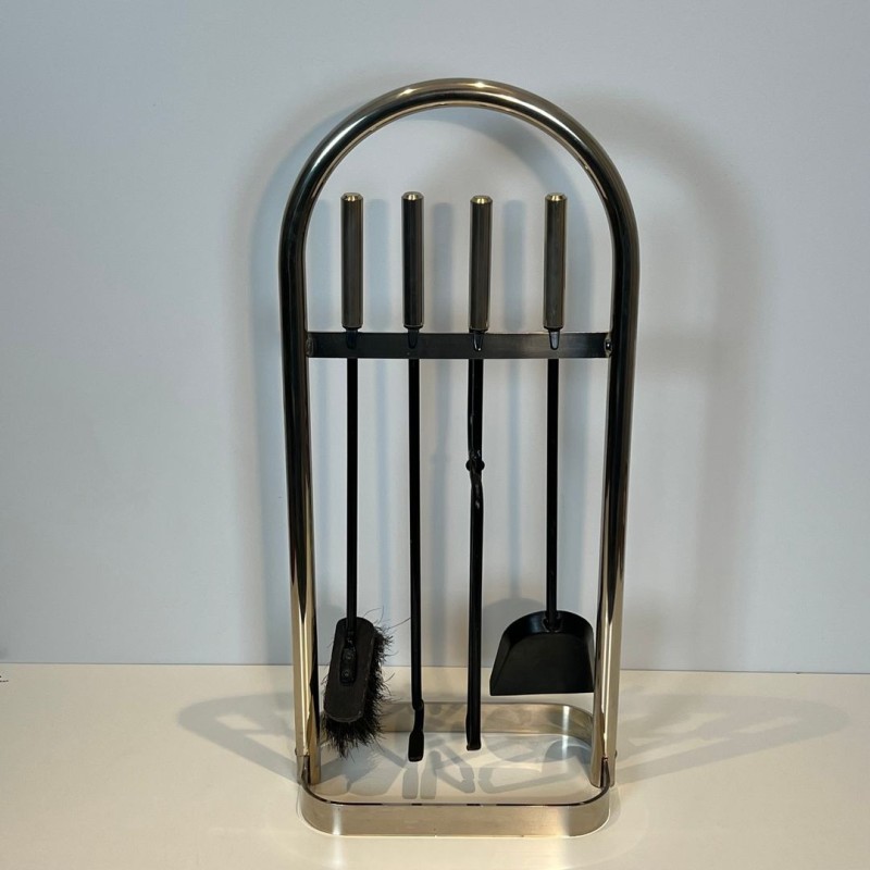 Nécessaire de Cheminée Moderniste en Métal Laqué Noir et Chrome, Cadre Arqué, vers 1970
