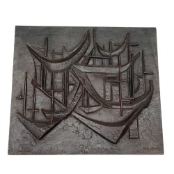 Plaque de Cheminée en Fonte « Les Voiliers », Signée Menemus, Fonderie Stern, vers 1970