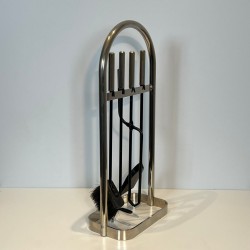 Modernist Black Lacquered and Chrome Fireplace Companion Set in Arch-Frame Stand, French circa 1970