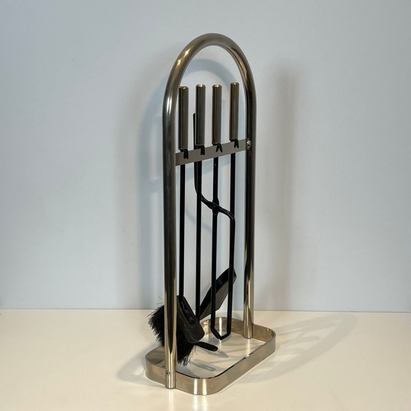 Nécessaire de Cheminée Moderniste en Métal Laqué Noir et Chrome, Cadre Arqué, vers 1970