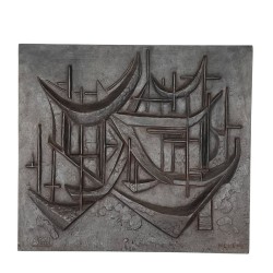 Plaque de Cheminée en Fonte « Les Voiliers », Signée Menemus, Fonderie Stern, vers 1970