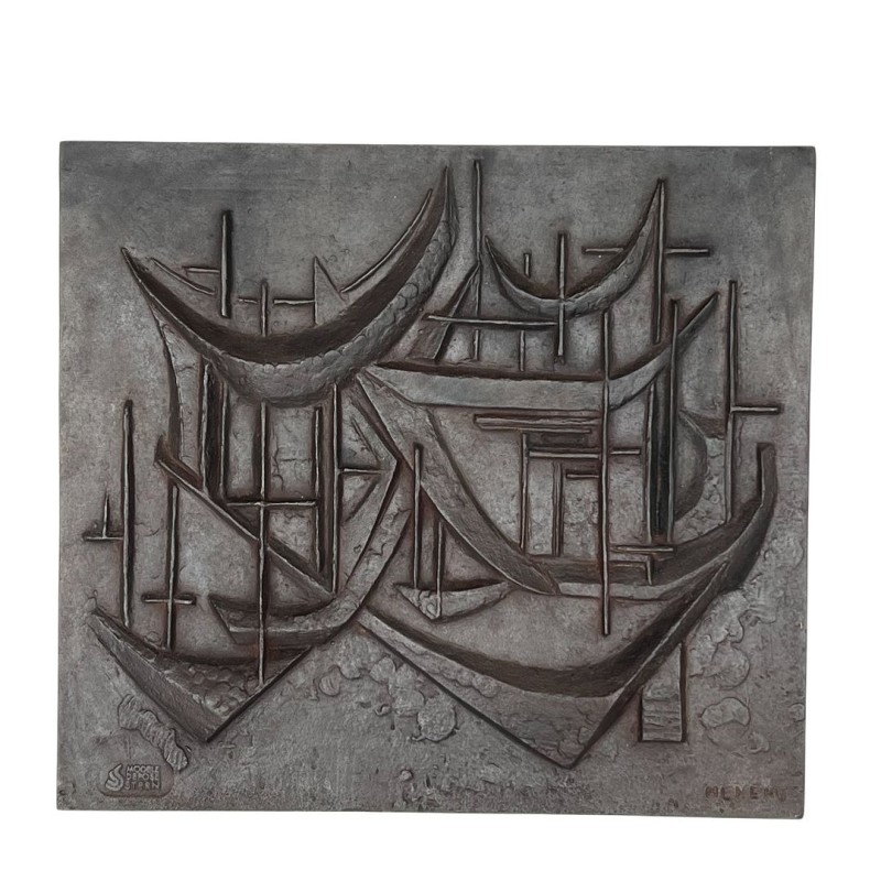 Plaque de Cheminée en Fonte « Les Voiliers », Signée Menemus, Fonderie Stern, vers 1970