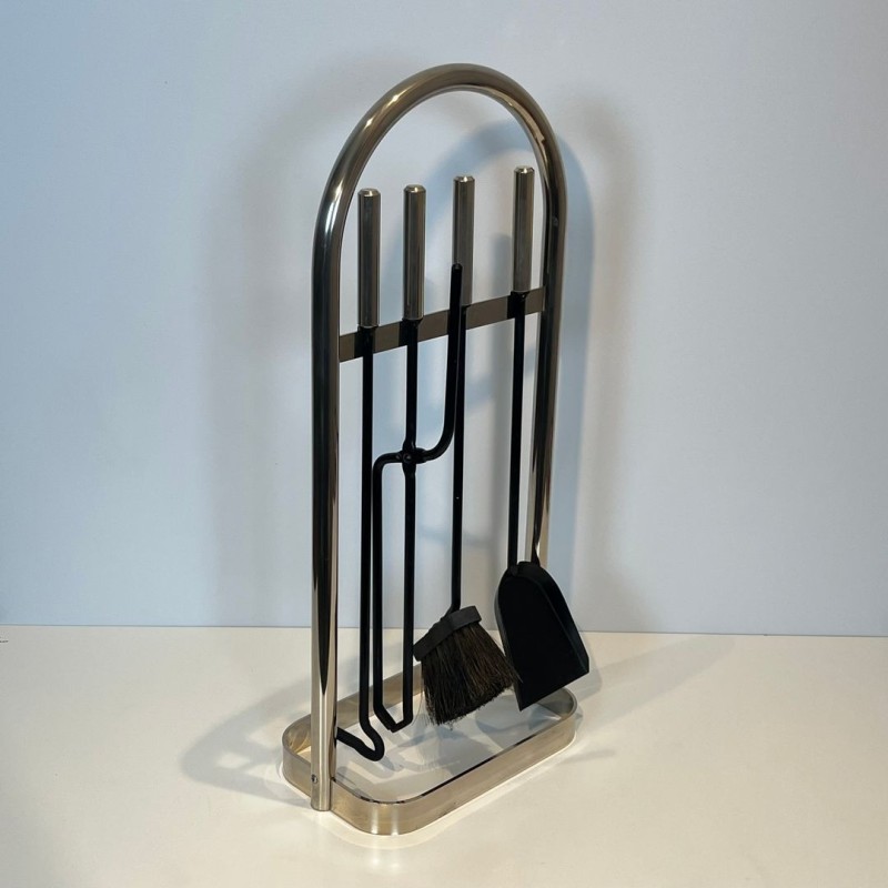 Nécessaire de Cheminée Moderniste en Métal Laqué Noir et Chrome, Cadre Arqué, vers 1970