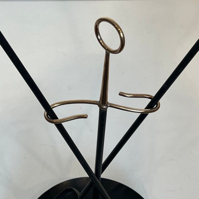 Modernist Black Lacquered Metal Fireplace Companion Set with Fan-Spread Tools, French circa 1970