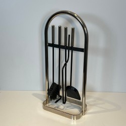Nécessaire de Cheminée Moderniste en Métal Laqué Noir et Chrome, Cadre Arqué, vers 1970