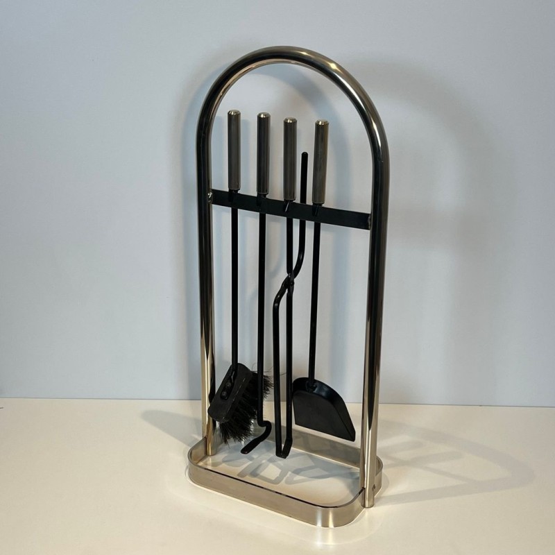 Nécessaire de Cheminée Moderniste en Métal Laqué Noir et Chrome, Cadre Arqué, vers 1970