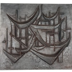 Plaque de Cheminée en Fonte « Les Voiliers », Signée Menemus, Fonderie Stern, vers 1970
