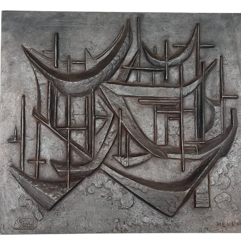 Modernist Cast Iron Fireback “Les Voiliers” (Sailboats), Signed Menemus, Foundry Stern, circa 1970