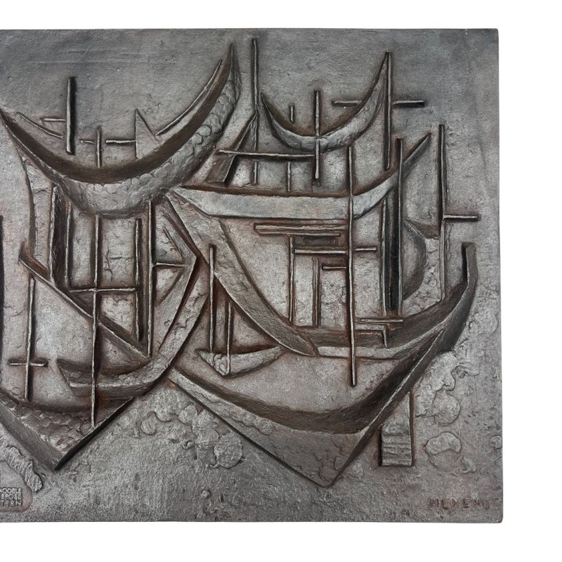 Modernist Cast Iron Fireback “Les Voiliers” (Sailboats), Signed Menemus, Foundry Stern, circa 1970