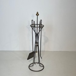 Modernist Brushed Steel and Brass Fireplace Companion Set, French circa 1970