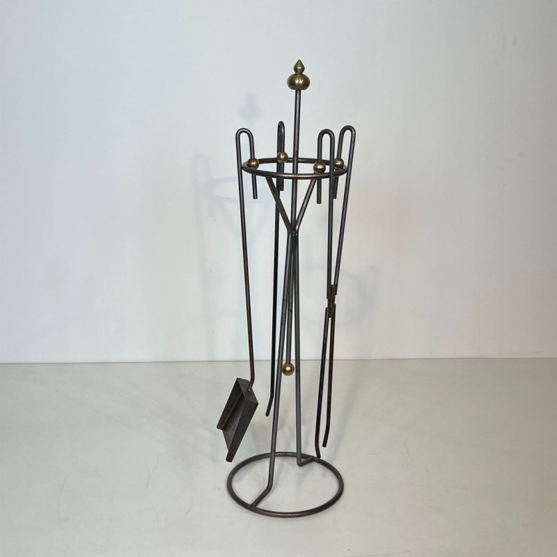 Nécessaire de Cheminée Moderniste en Acier Brossé et Laiton, vers 1970