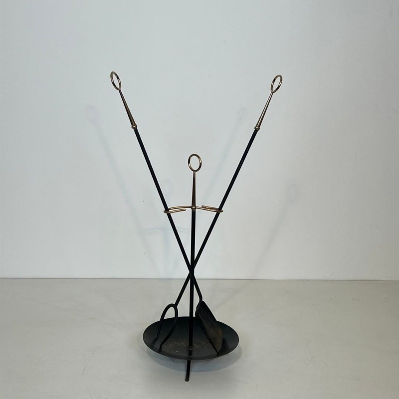 Nécessaire de Cheminée Moderniste en Métal Laqué Noir à Outils Rayonnants, vers 1970