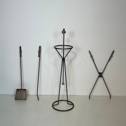 Modernist Brushed Steel and Brass Fireplace Companion Set, French circa 1970