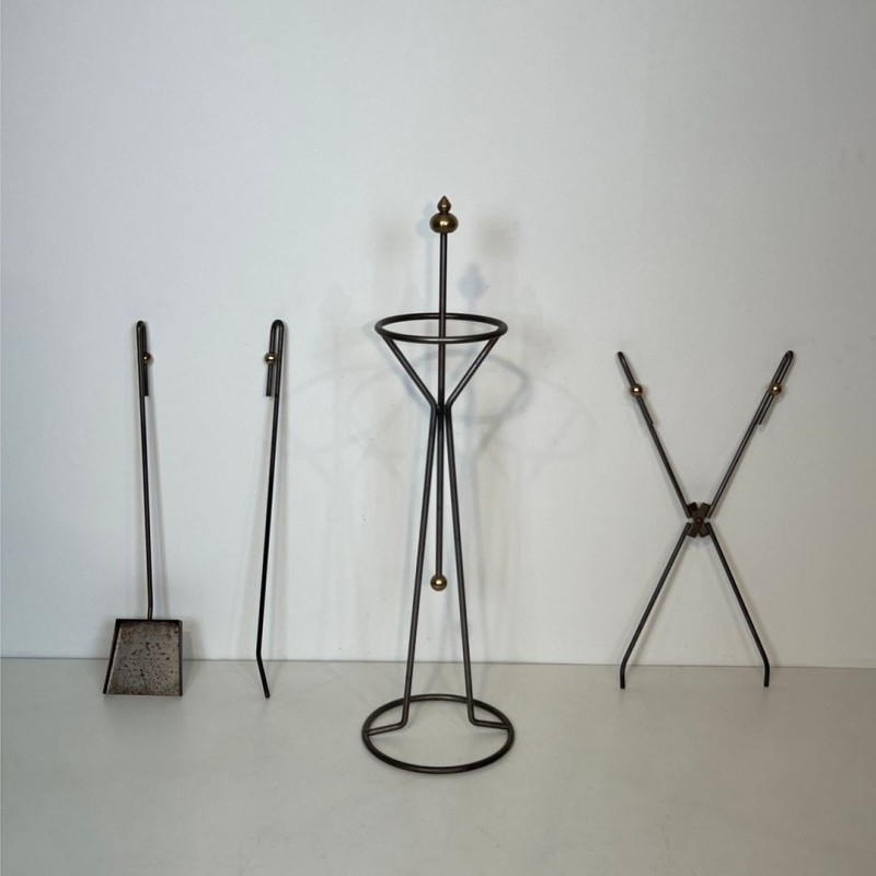 Nécessaire de Cheminée Moderniste en Acier Brossé et Laiton, vers 1970