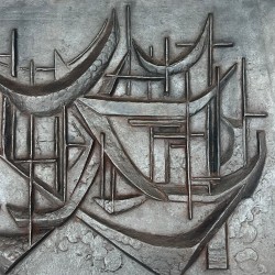 Modernist Cast Iron Fireback “Les Voiliers” (Sailboats), Signed Menemus, Foundry Stern, circa 1970