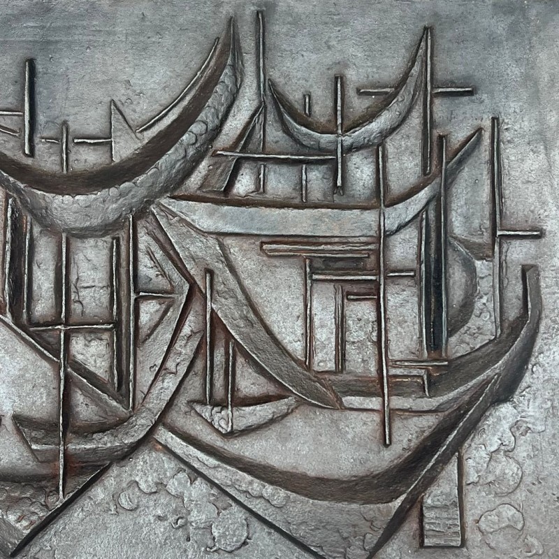 Modernist Cast Iron Fireback “Les Voiliers” (Sailboats), Signed Menemus, Foundry Stern, circa 1970