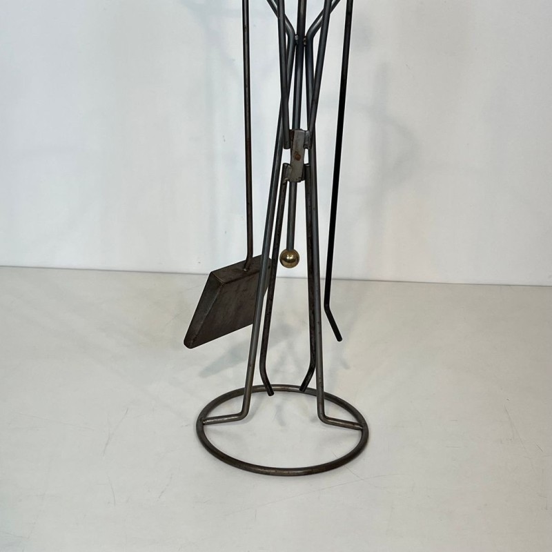 Modernist Brushed Steel and Brass Fireplace Companion Set, French circa 1970