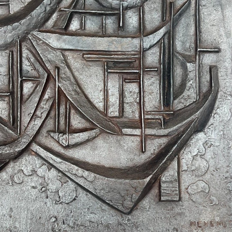 Plaque de Cheminée en Fonte « Les Voiliers », Signée Menemus, Fonderie Stern, vers 1970