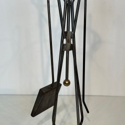 Nécessaire de Cheminée Moderniste en Acier Brossé et Laiton, vers 1970