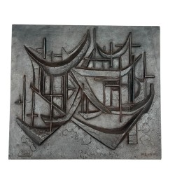 Modernist Cast Iron Fireback “Les Voiliers” (Sailboats), Signed Menemus, Foundry Stern, circa 1970