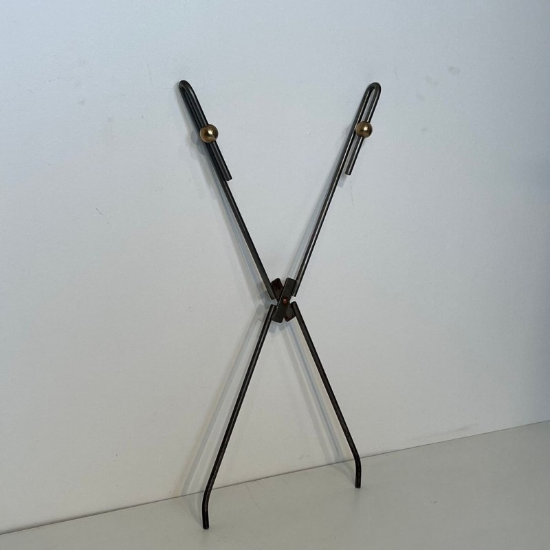 Modernist Brushed Steel and Brass Fireplace Companion Set, French circa 1970