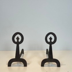 Paire de Chenets Modernistes en Fer Forgé Noirci à Anneaux et Bases Tripodes, vers 1970