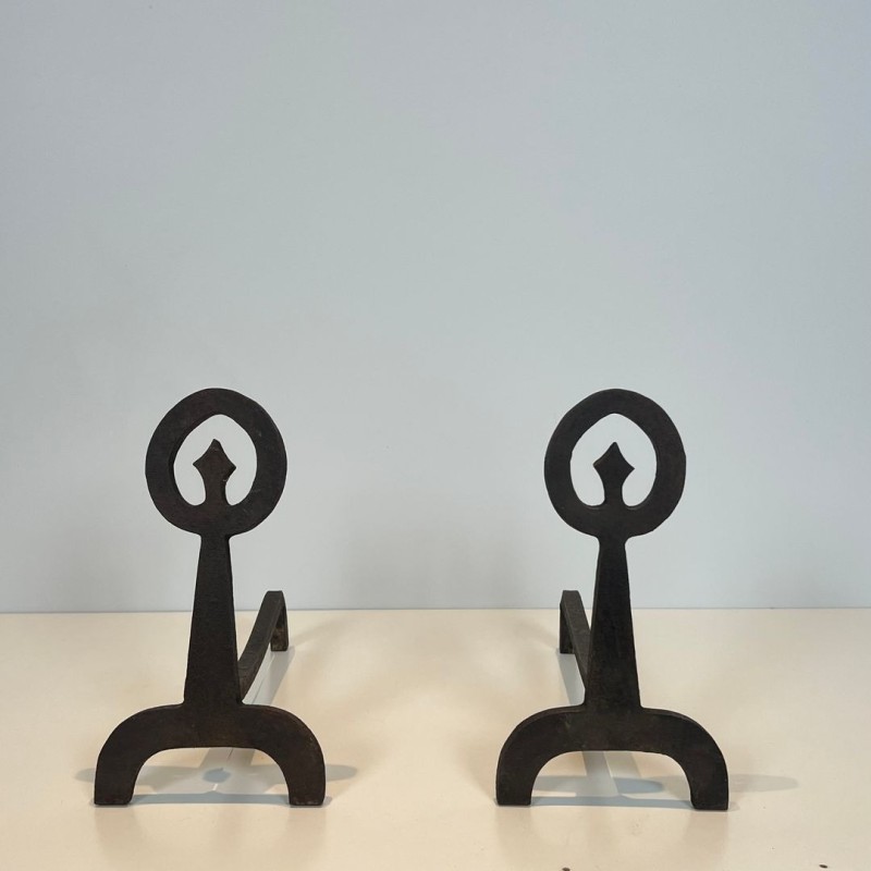 Paire de Chenets Modernistes en Fer Forgé Noirci à Anneaux et Bases Tripodes, vers 1970