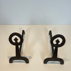 Paire de Chenets Modernistes en Fer Forgé Noirci à Anneaux et Bases Tripodes, vers 1970