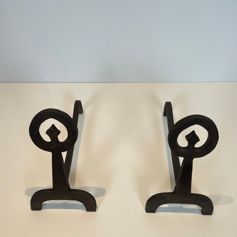 Paire de Chenets Modernistes en Fer Forgé Noirci à Anneaux et Bases Tripodes, vers 1970