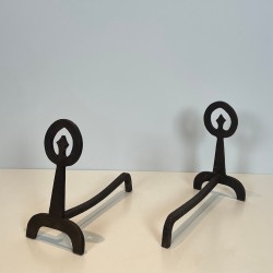 Pair of Modernist Blackened Iron Andirons with Ring Finials and Tripod Bases, French circa 1970